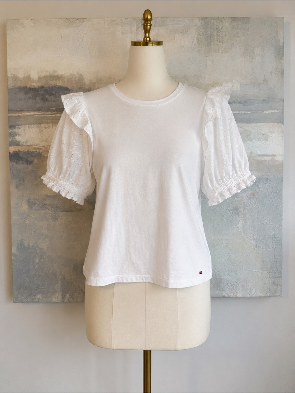 Tommy Hilfiger White Eyelet Puff Sleeve Top Medium Cotton Crewneck Cottagecore